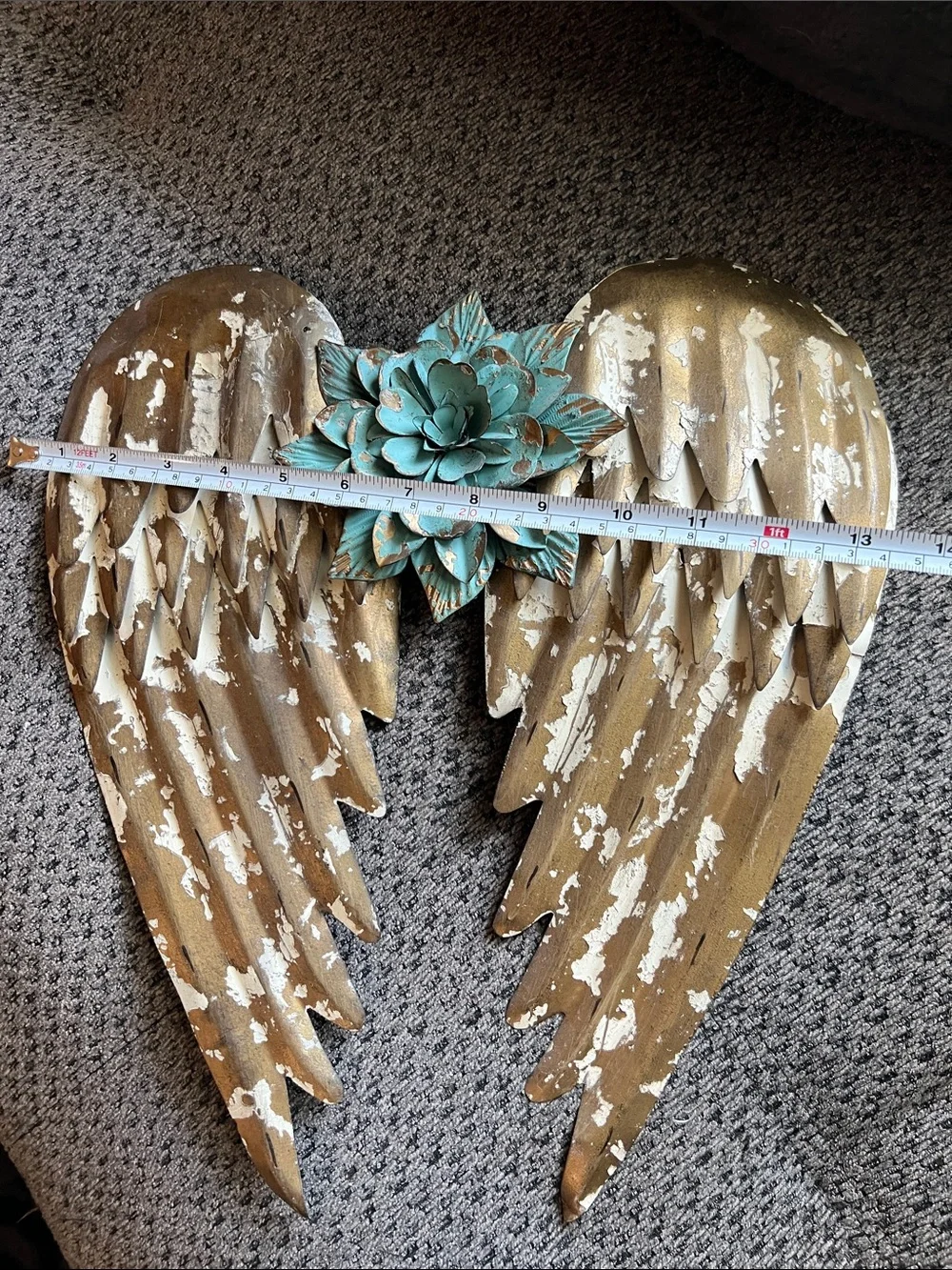 Distressed Gold Metal Angel Wings Wall Decor with Teal Flower Accent